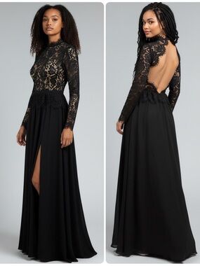 Fame and Partners Black Lace Long-Sleeve Open-Back Gown Maxi Dress NWT $399